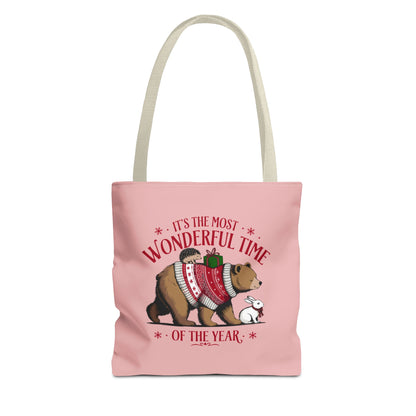 "It's The Most Wonderful Time Of The Year" Woodland Animals Holiday Sweater Polyester Tote Bag