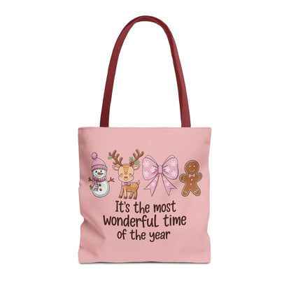 "It's The Most Wonderful Time Of The Year" Pink Holiday Icons Polyester Tote Bag