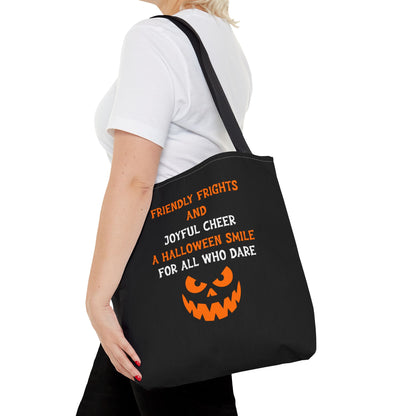 Halloween Jack-O'-Lantern Tote Bag — "Friendly Frights and Joyful Cheer" Trick-or-Treat Reusable Shopper