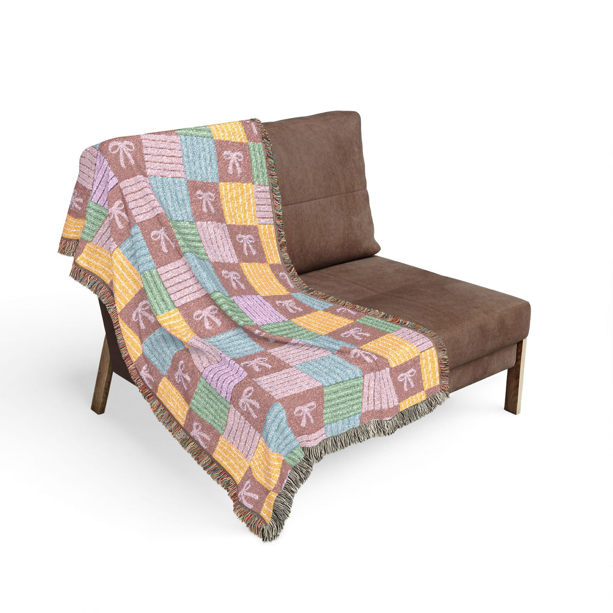 Cozy Patchwork & Pink Bows Woven Throw Blanket