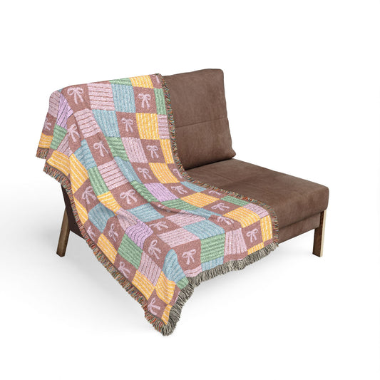 Cozy Patchwork & Pink Bows Woven Throw Blanket