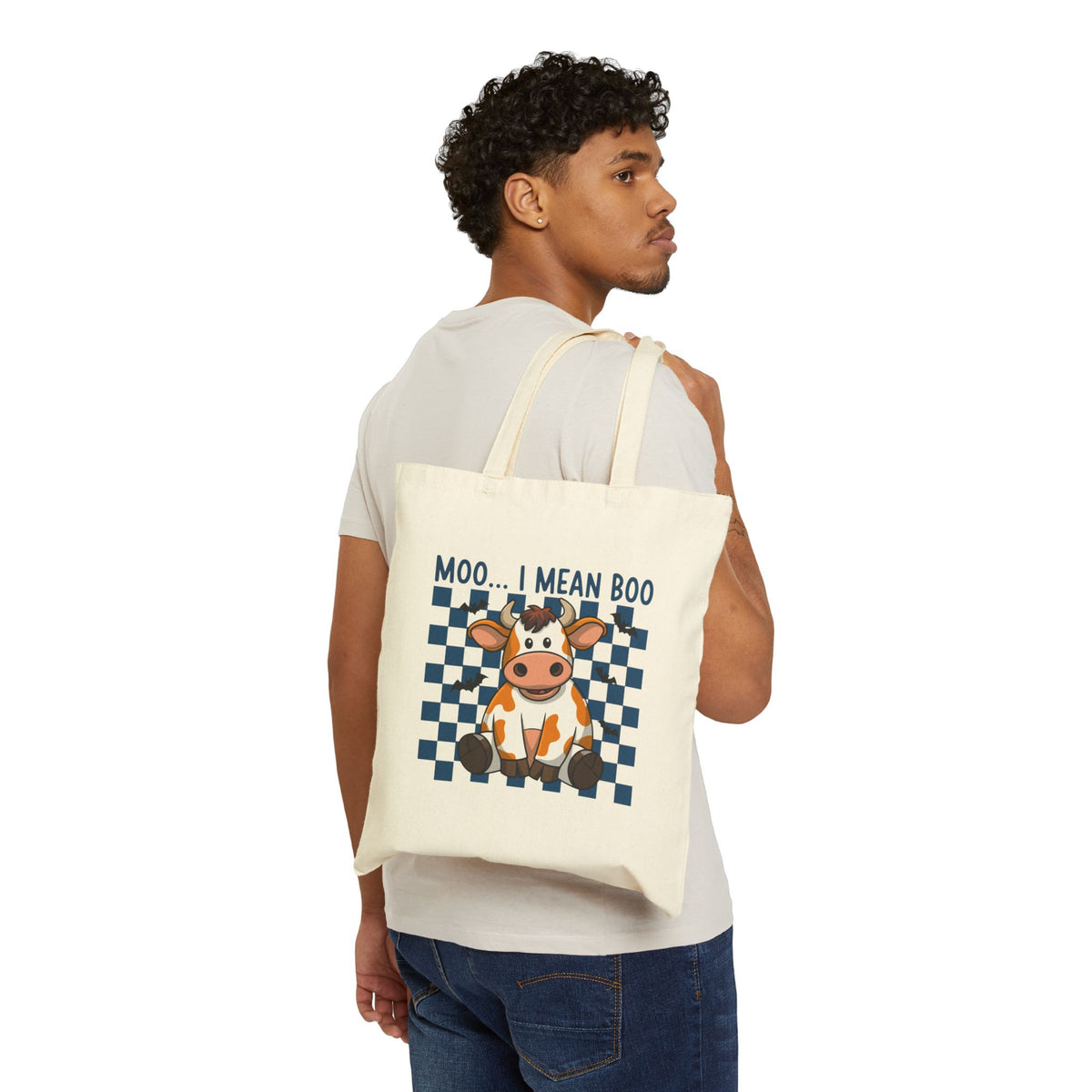 "Moo... I Mean Boo" Cute Halloween Cow Checkerboard Cotton Canvas Tote Bag