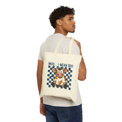 "Moo... I Mean Boo" Cute Halloween Cow Checkerboard Cotton Canvas Tote Bag