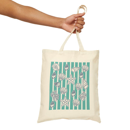 Coastal Seashells & Turquoise Stripes Cotton Canvas Tote Bag