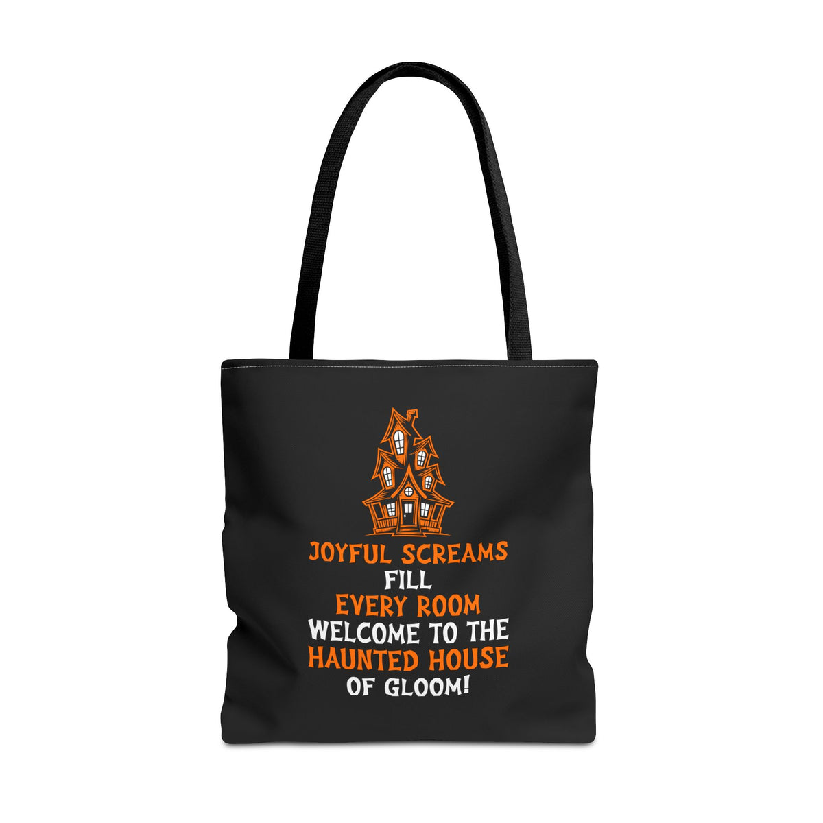 Halloween Haunted House Tote Bag — "Joyful Screams" Trick-or-Treat Reusable Shopper