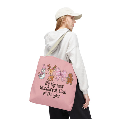 "It's The Most Wonderful Time Of The Year" Pink Holiday Icons Polyester Tote Bag