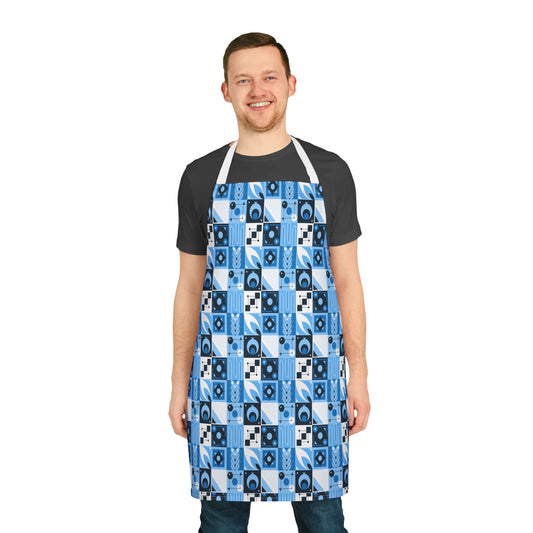 Mid-Century Modern Blue Geometric Patchwork All-Over Print Apron | Retro Kitchen Gift