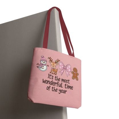 "It's The Most Wonderful Time Of The Year" Pink Holiday Icons Polyester Tote Bag