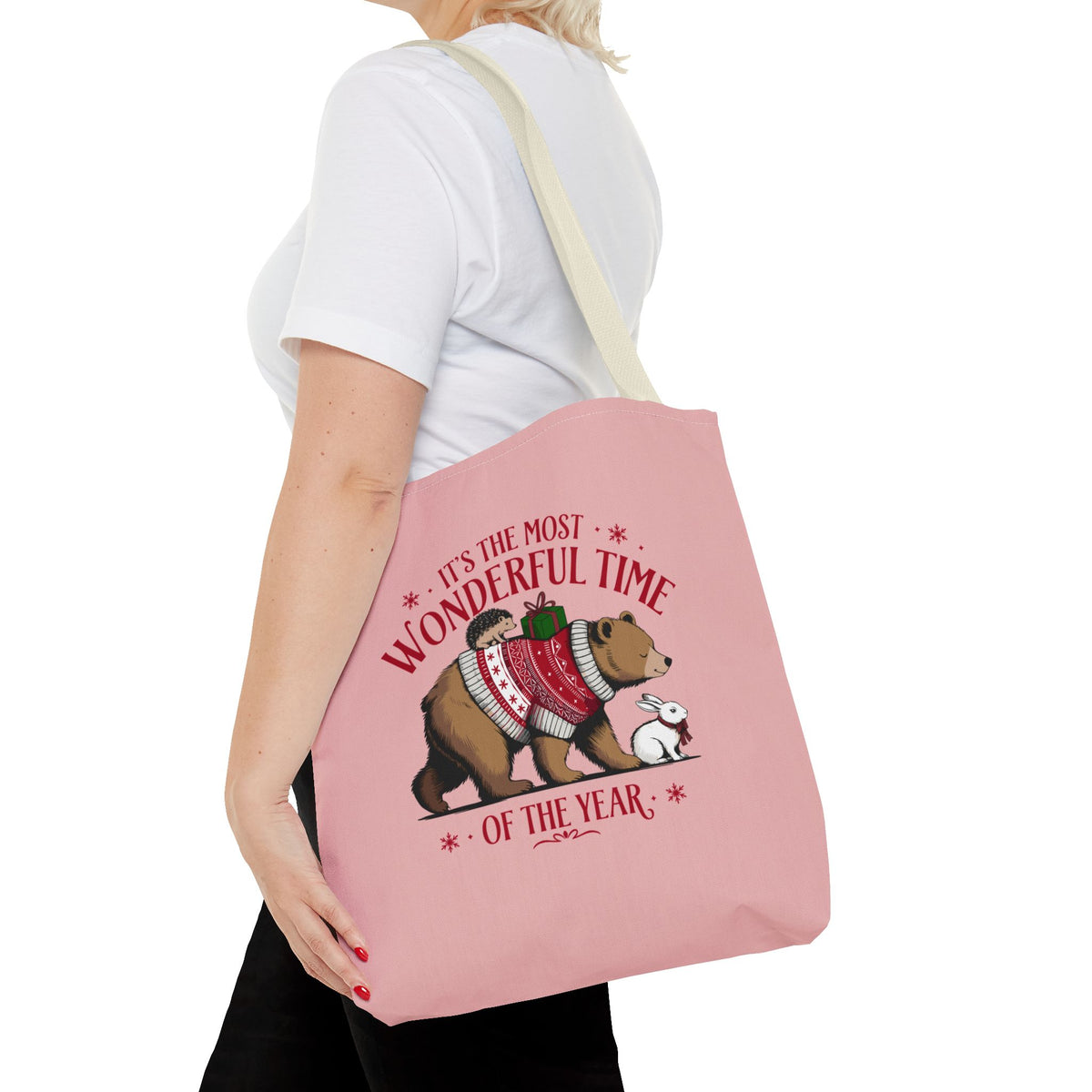"It's The Most Wonderful Time Of The Year" Woodland Animals Holiday Sweater Polyester Tote Bag