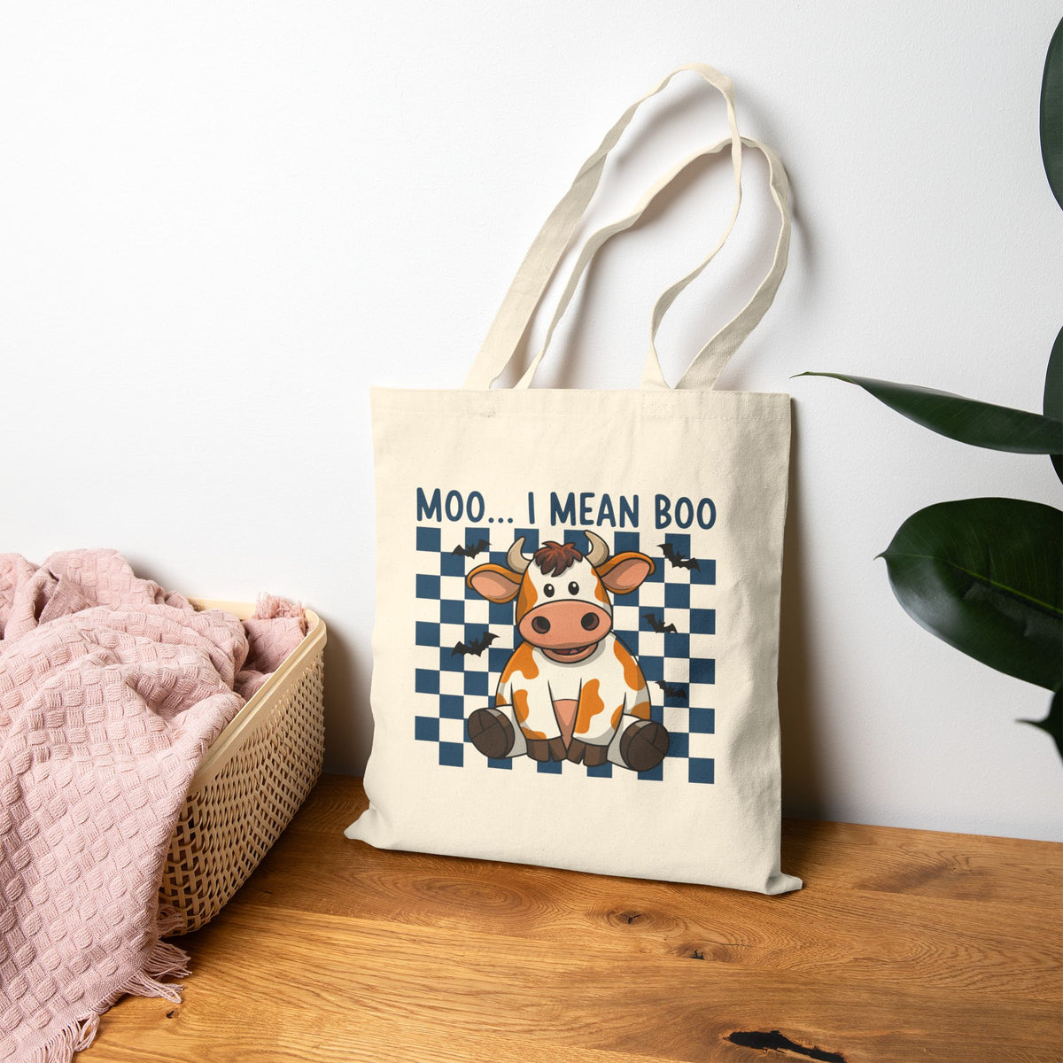 "Moo... I Mean Boo" Cute Halloween Cow Checkerboard Cotton Canvas Tote Bag