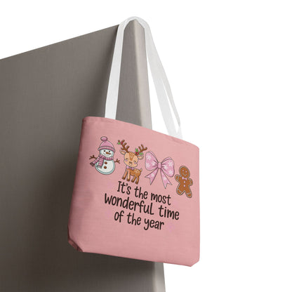 "It's The Most Wonderful Time Of The Year" Pink Holiday Icons Polyester Tote Bag