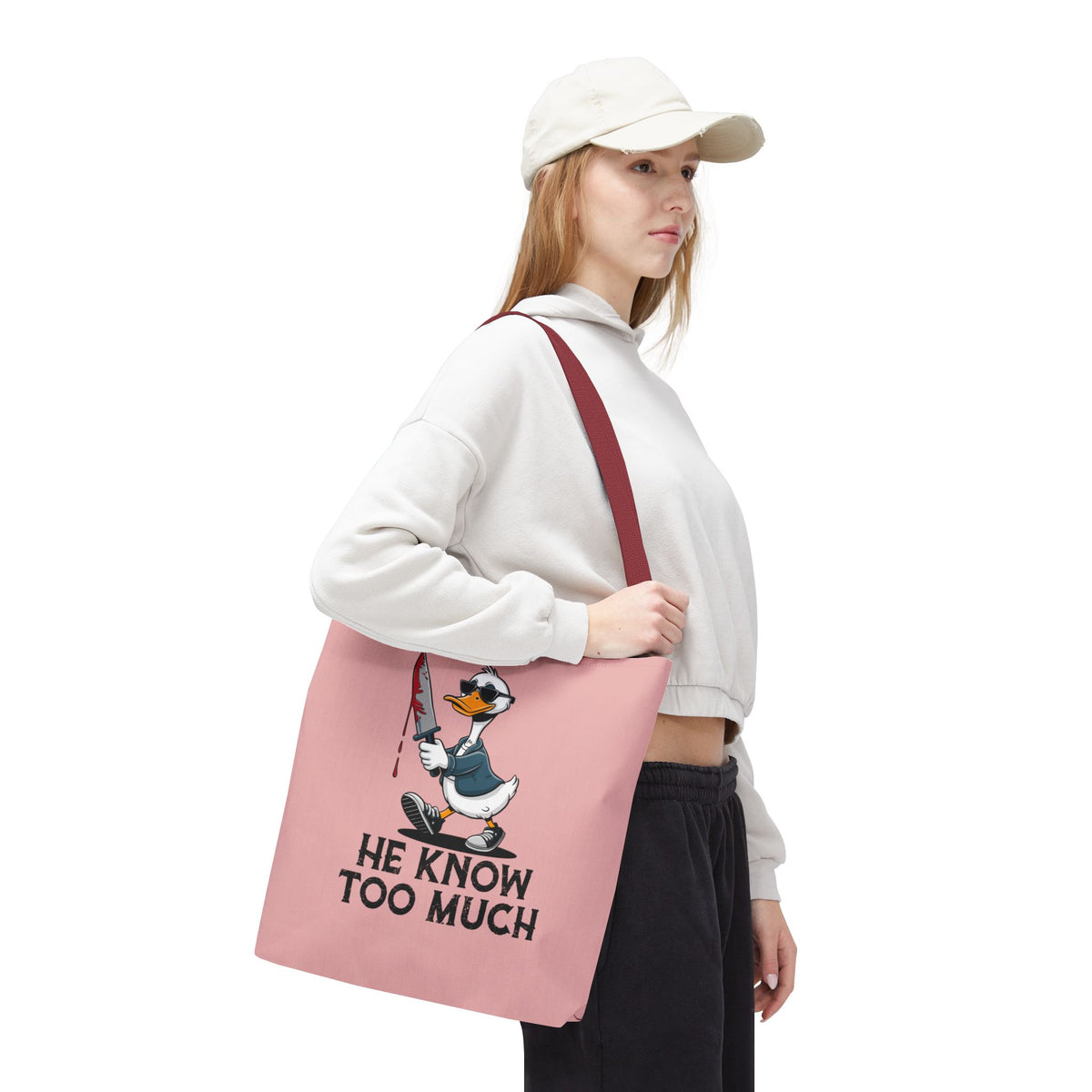 "He Know Too Much" Chaos Duck With Knife Funny Polyester Tote Bag
