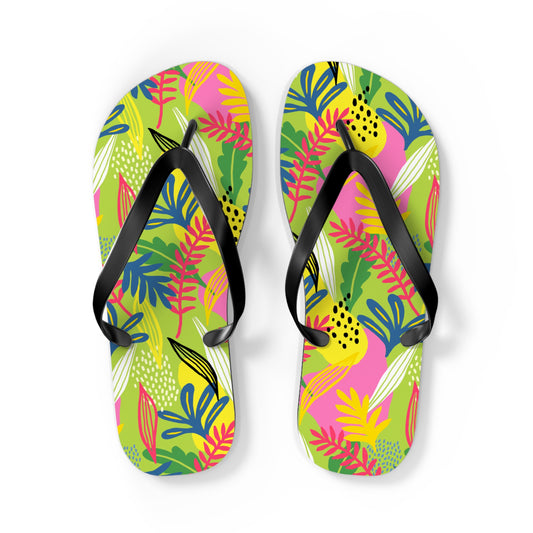 Lime Green Botanical Abstract Flip Flops — Modern Nature Summer Sandals