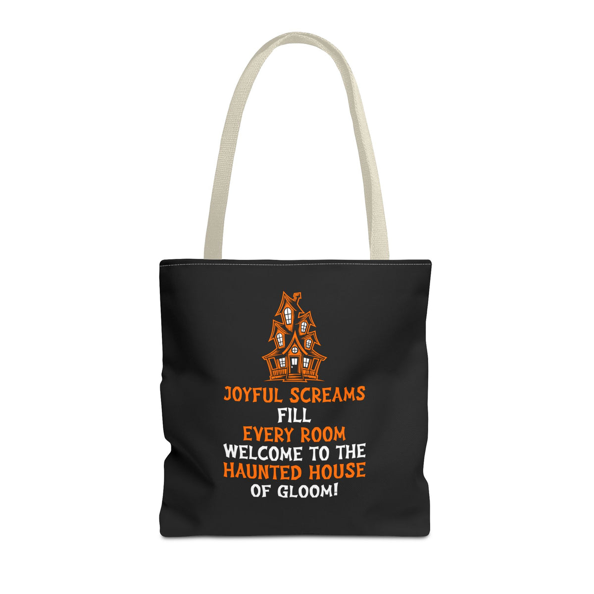 Halloween Haunted House Tote Bag — "Joyful Screams" Trick-or-Treat Reusable Shopper