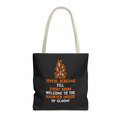 Halloween Haunted House Tote Bag — "Joyful Screams" Trick-or-Treat Reusable Shopper