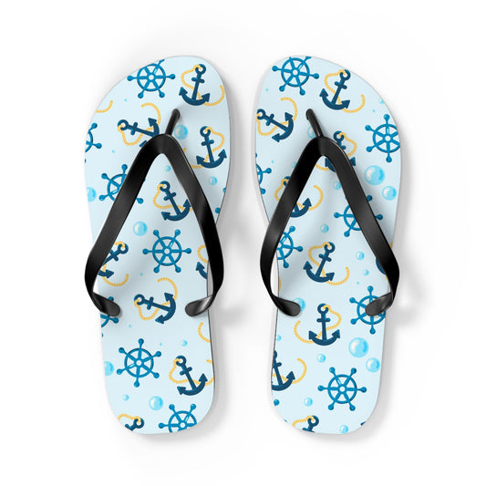 Nautical Anchors & Ships Wheels Flip Flops — Maritime Summer Beach Sandals