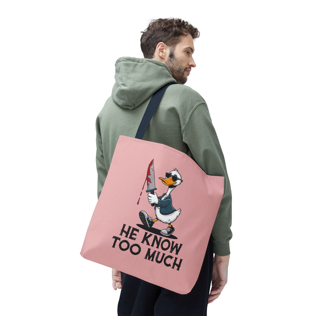 "He Know Too Much" Chaos Duck With Knife Funny Polyester Tote Bag