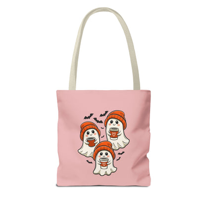 "Spooky Coffee Squad" Cute Ghosts With Beanies Polyester Tote Bag