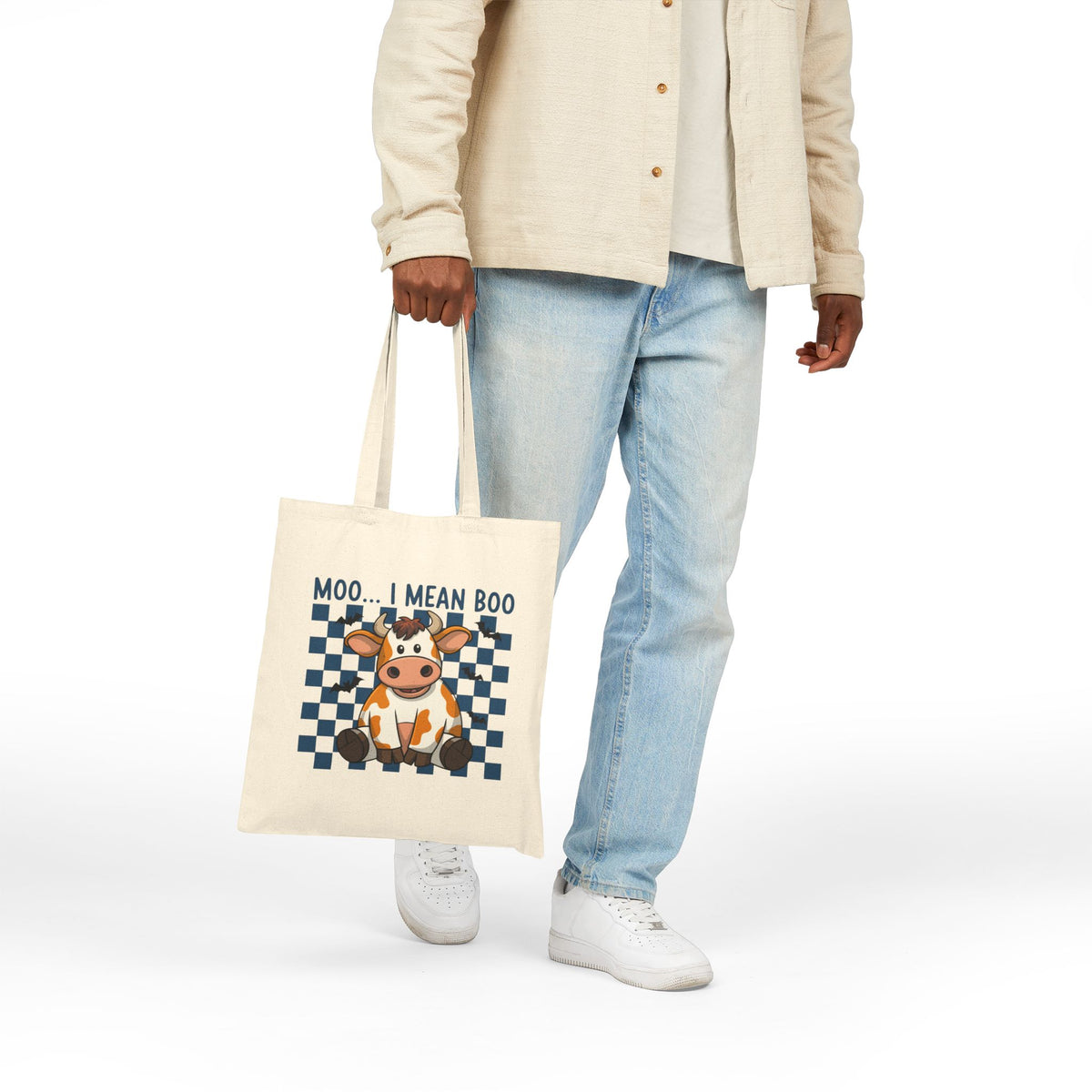 "Moo... I Mean Boo" Cute Halloween Cow Checkerboard Cotton Canvas Tote Bag