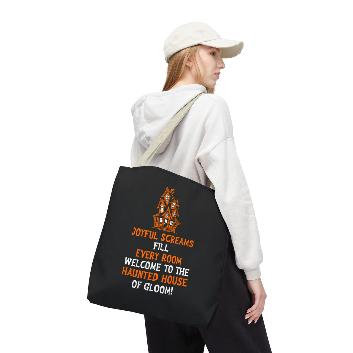 Halloween Haunted House Tote Bag — "Joyful Screams" Trick-or-Treat Reusable Shopper