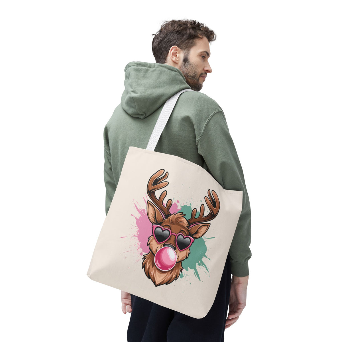Cool Reindeer Blowing Bubblegum Tote Bag | Trendy Holiday & Winter Shopper