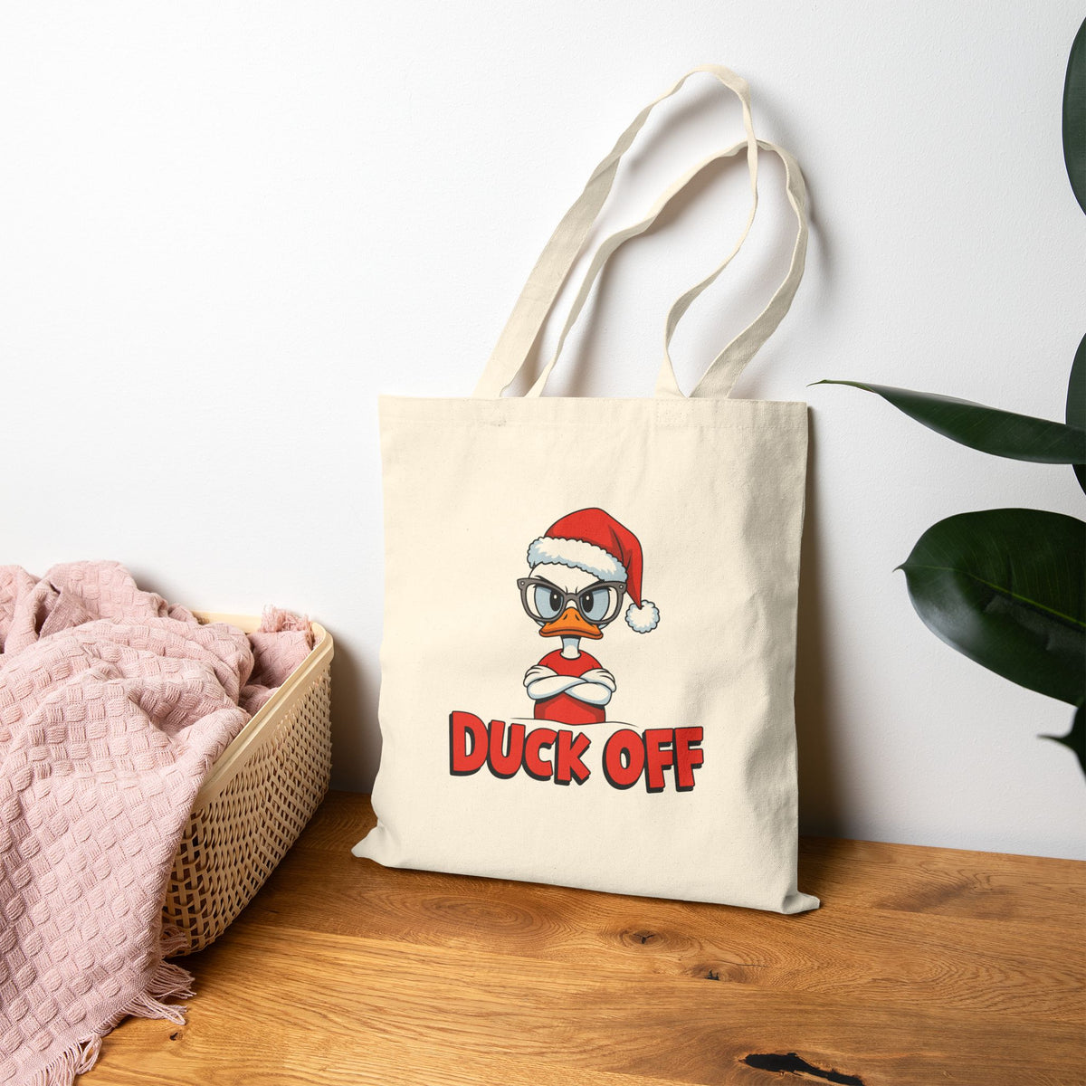 "Duck Off" Grumpy Santa Duck Funny Christmas Cotton Canvas Tote Bag