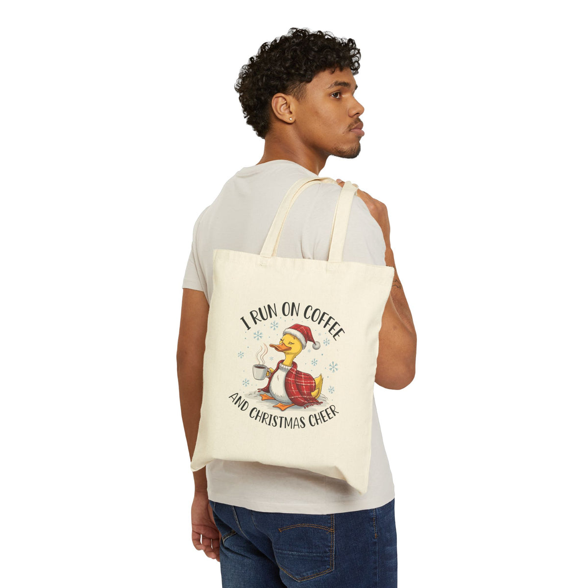 "I Run On Coffee And Christmas Cheer" Cozy Duck Coffee Lover Cotton Canvas Tote Bag
