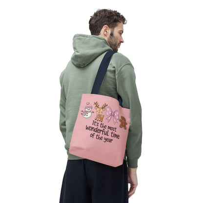 "It's The Most Wonderful Time Of The Year" Pink Holiday Icons Polyester Tote Bag
