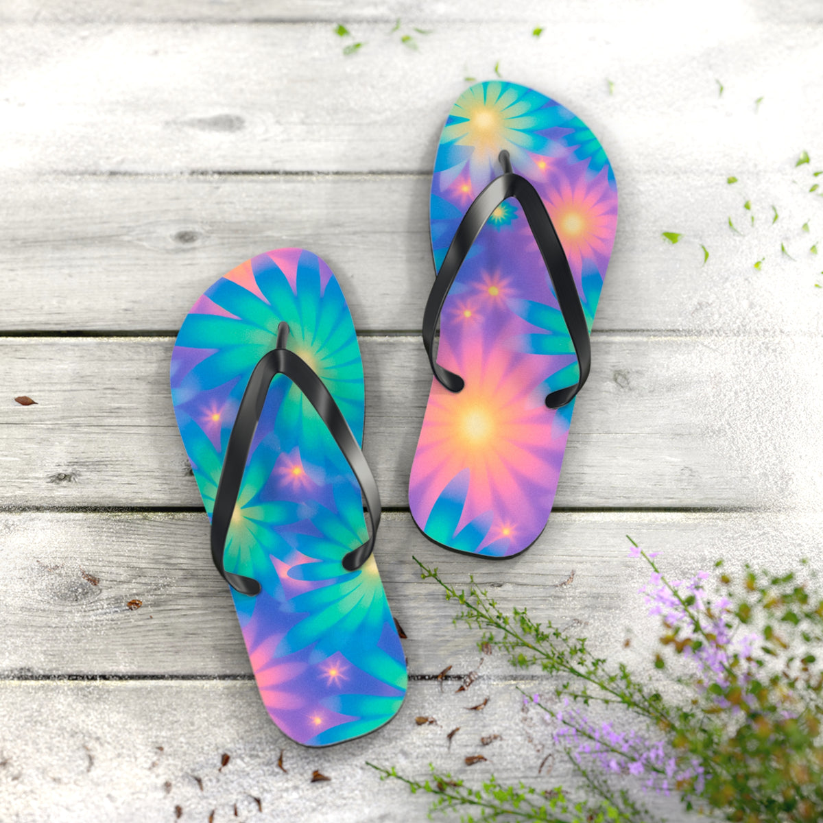Neon Glow Floral Cosmic Dream Flip Flops — Electric Botanical Summer Sandals