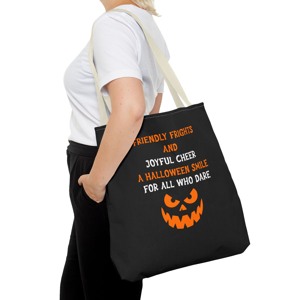 Halloween Jack-O'-Lantern Tote Bag — "Friendly Frights and Joyful Cheer" Trick-or-Treat Reusable Shopper