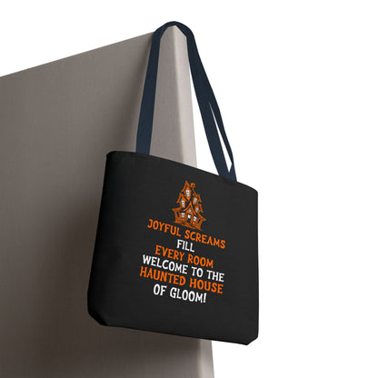 Halloween Haunted House Tote Bag — "Joyful Screams" Trick-or-Treat Reusable Shopper
