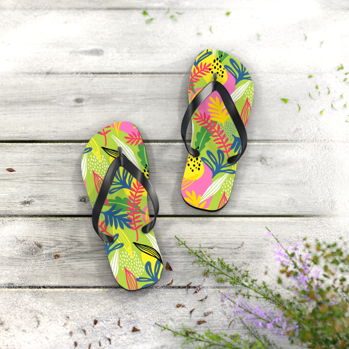 Lime Green Botanical Abstract Flip Flops — Modern Nature Summer Sandals