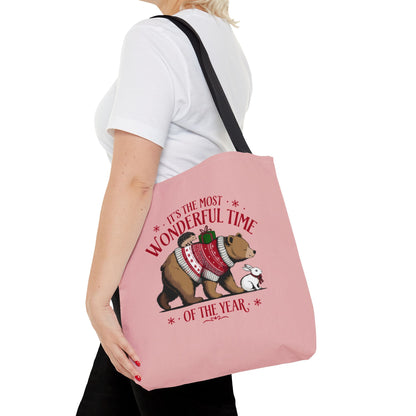 "It's The Most Wonderful Time Of The Year" Woodland Animals Holiday Sweater Polyester Tote Bag