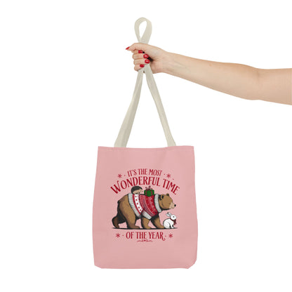 "It's The Most Wonderful Time Of The Year" Woodland Animals Holiday Sweater Polyester Tote Bag
