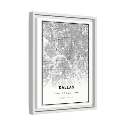 Dallas City Map Matte Canvas Print (Framed) - Modern Black & White Wall Art