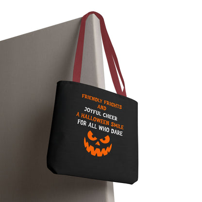 Halloween Jack-O'-Lantern Tote Bag — "Friendly Frights and Joyful Cheer" Trick-or-Treat Reusable Shopper