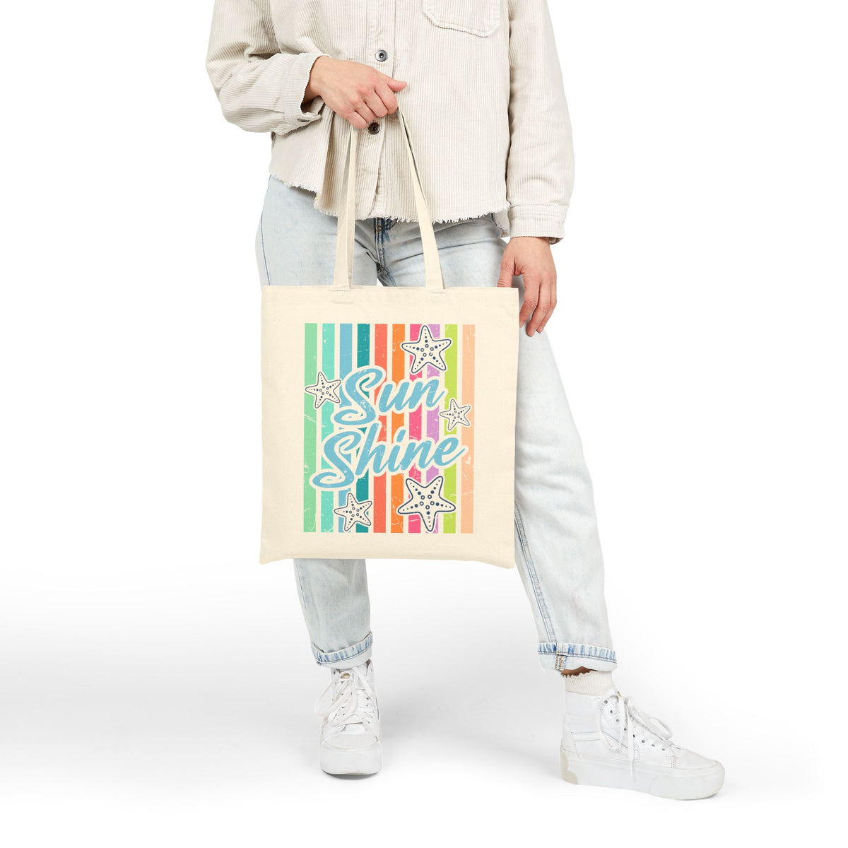 Sun Shine Retro Starfish & Rainbow Stripes Cotton Canvas Tote Bag