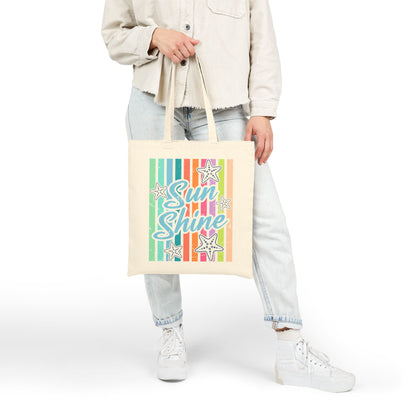 Sun Shine Retro Starfish & Rainbow Stripes Cotton Canvas Tote Bag