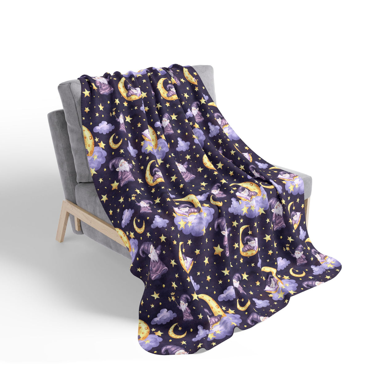 Sleepy Gnomes & Celestial Moon Sherpa Fleece Blanket | Whimsical Nighttime Cozy Throw