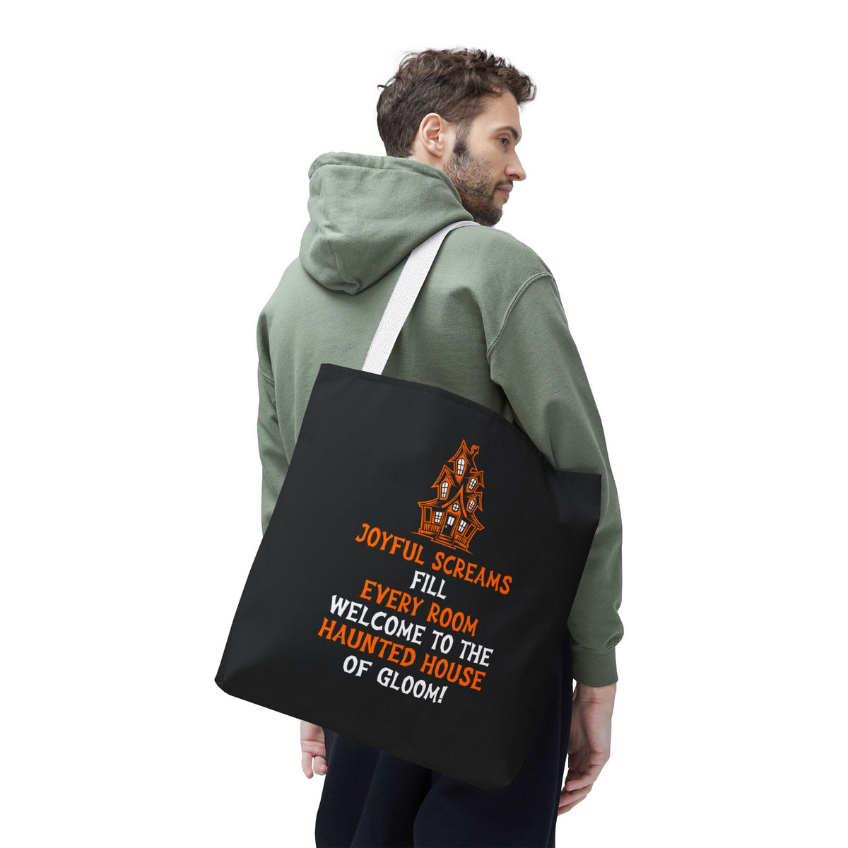 Halloween Haunted House Tote Bag — "Joyful Screams" Trick-or-Treat Reusable Shopper