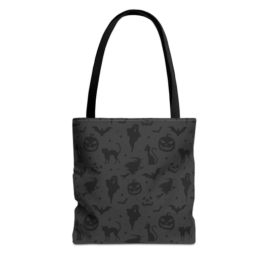 Midnight Spooky Halloween Pattern Tote Bag | Moody Dark Grey Shopper