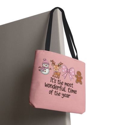 "It's The Most Wonderful Time Of The Year" Pink Holiday Icons Polyester Tote Bag