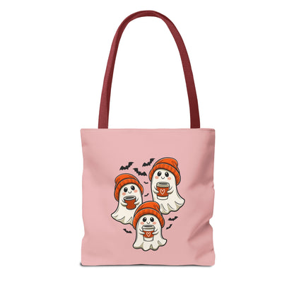 "Spooky Coffee Squad" Cute Ghosts With Beanies Polyester Tote Bag