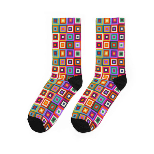 Retro Geometric Multicolor Mosaic Cushioned Crew Socks