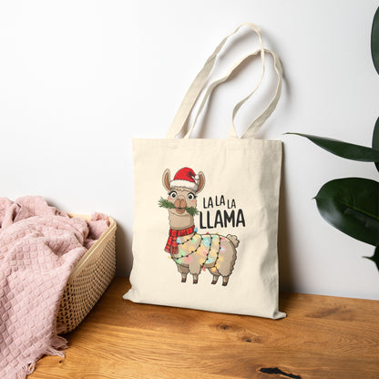 "La La La Llama" Christmas Llama Festive Holiday Cotton Canvas Tote Bag
