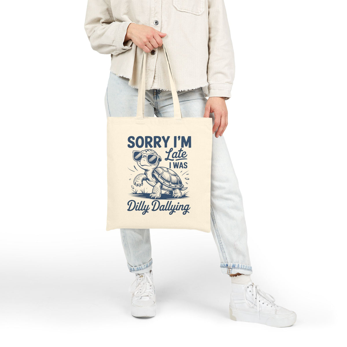 "Sorry I'm Late I Was Dilly Dallying" Cool Turtle Funny Cotton Canvas Tote Bag
