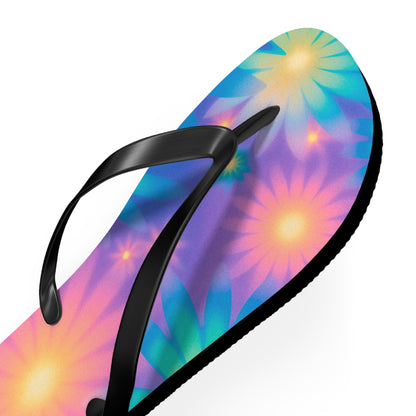 Neon Glow Floral Cosmic Dream Flip Flops — Electric Botanical Summer Sandals