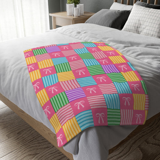 Cozy Patchwork & Pink Bows Velveteen Plush Blanket (Two-sided print)