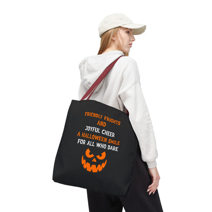 Halloween Jack-O'-Lantern Tote Bag — "Friendly Frights and Joyful Cheer" Trick-or-Treat Reusable Shopper