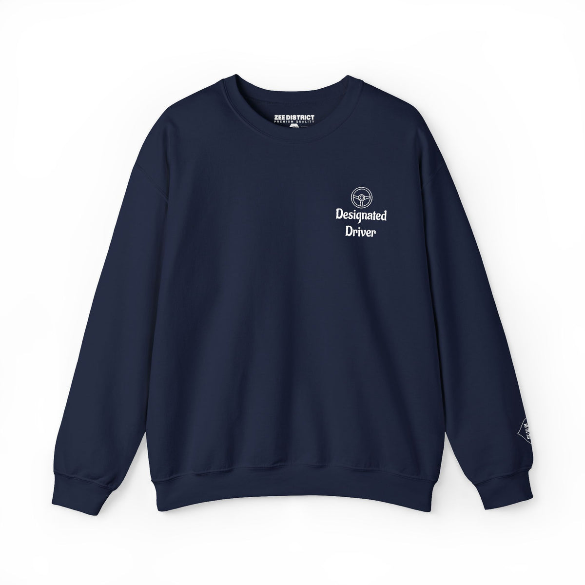 Personalized Designated Driver Embroidered Crewneck Sweatshirt — Custom Name & Date Sleeve Detail